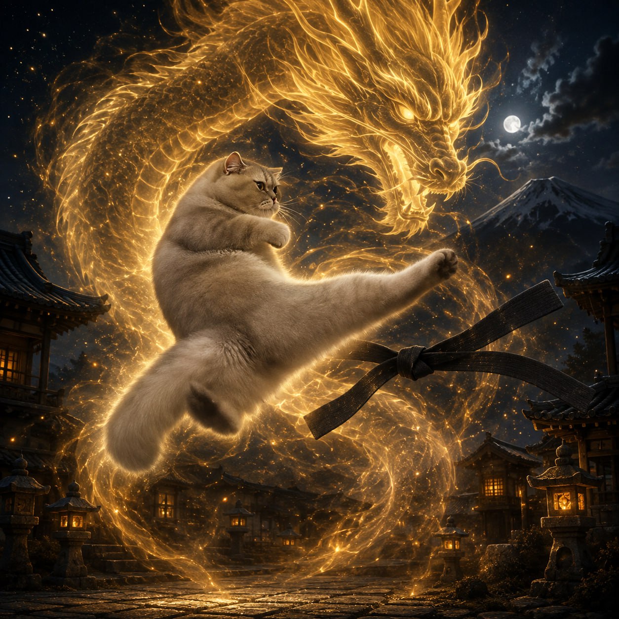 KAT performing a kick before a golden dragon